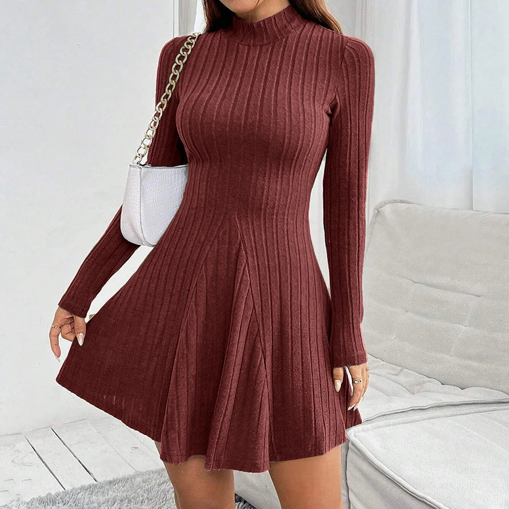 Elegantes Damenkleid mit Stehkragen – A-Linien-Schnitt & lange Ärmel